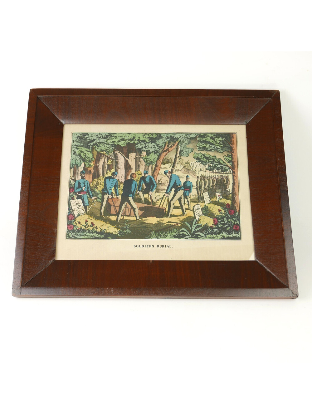 Antique Civil War Hand Colored Lithograph Print Soldiers Burial Framed 1860s